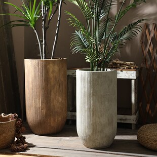 镁泥材质客厅落地复古超大号绿植种树高深花器有孔 北欧花盆特大码