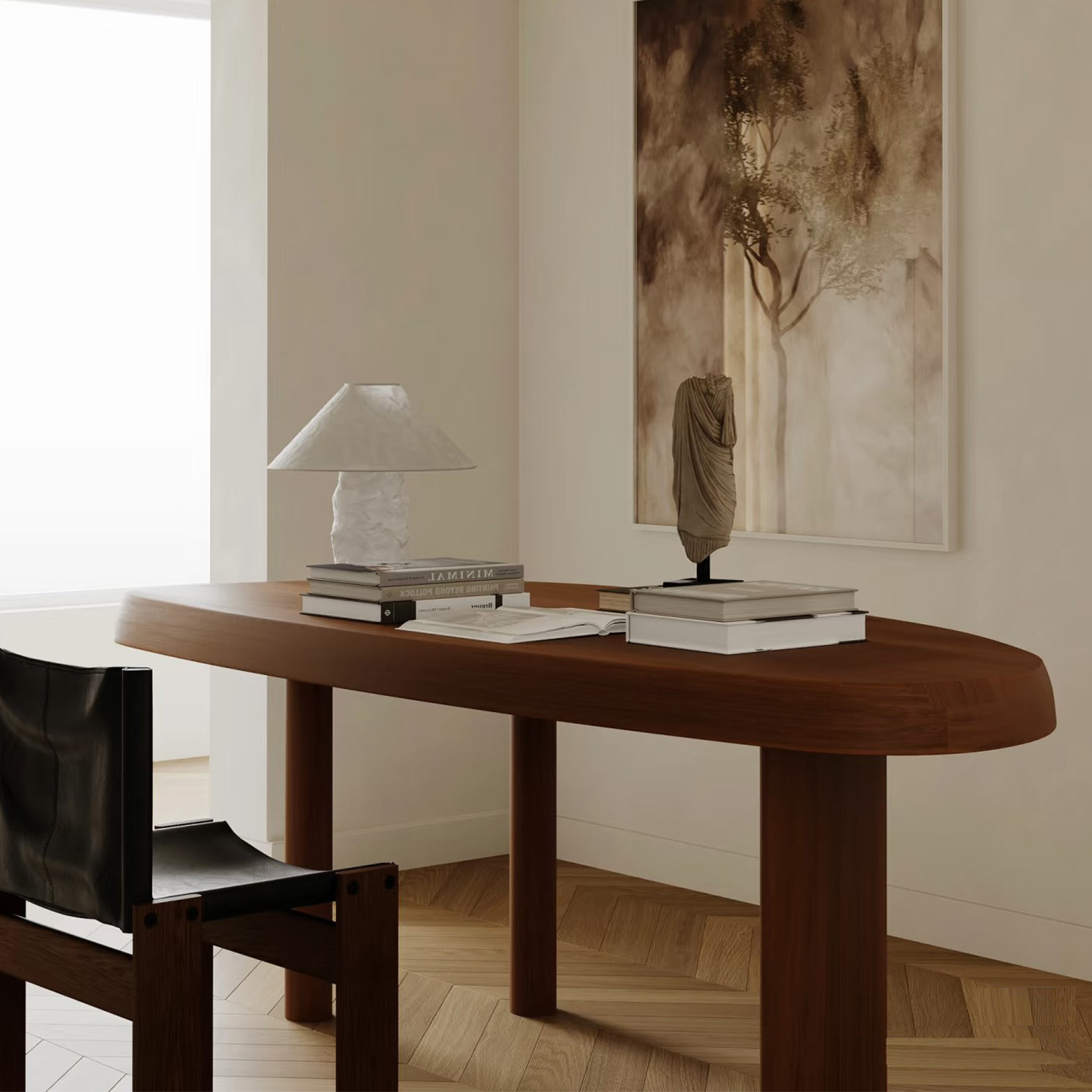 黑胡桃木大板桌家用办公桌儿童学习桌设计师款阳台全实木书桌椅子