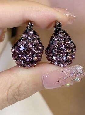 紫色精致满钻耳环复古夸张手提包耳饰简约百搭时尚大耳坠气质新款