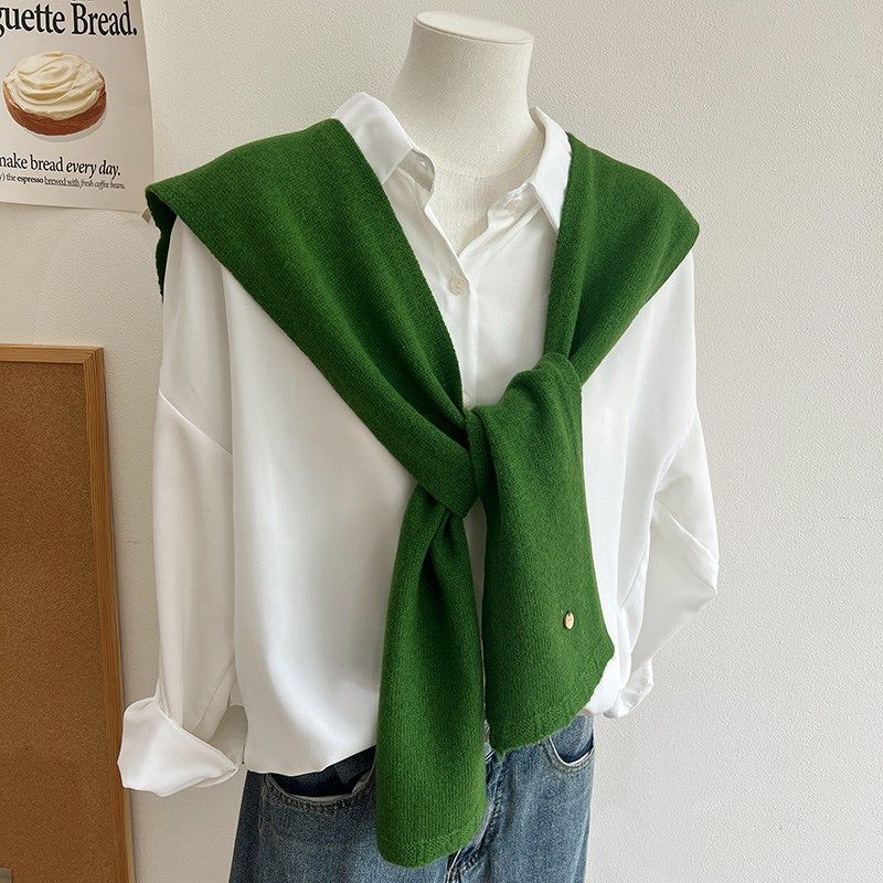 韩系显白绿色外搭小披肩100%纯羊毛针织叠搭衬衣小坎肩打结围巾女