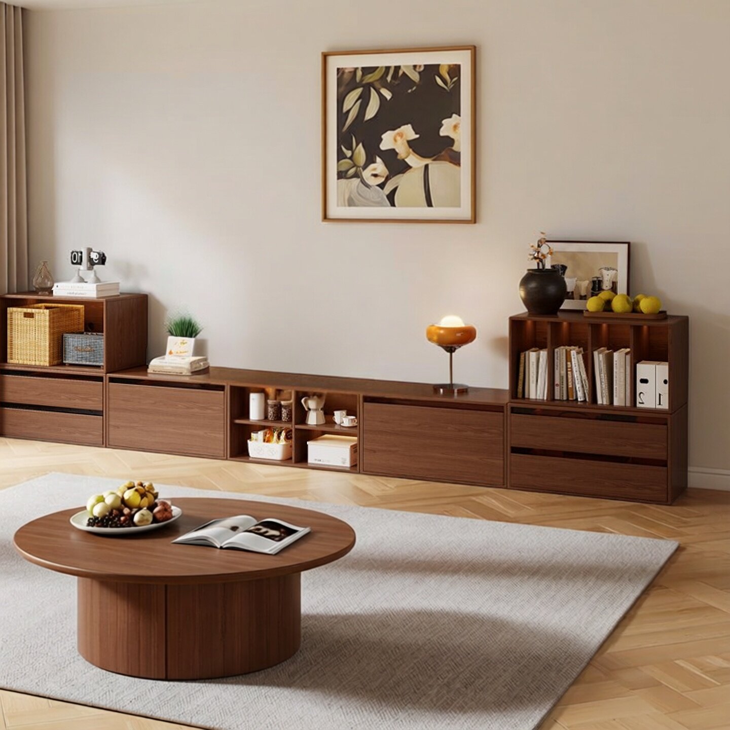 模块组合电视柜客厅2026新款收纳储物柜一体落地客厅家用格子柜