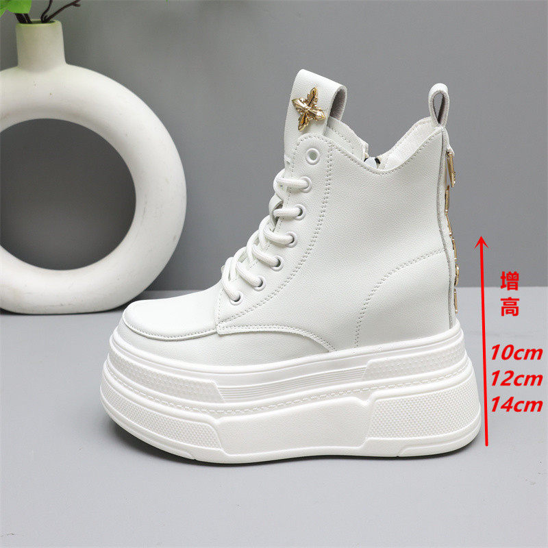 隐形内增高12cm马丁靴女2025新款小个子厚底松糕鞋高帮白色短靴子