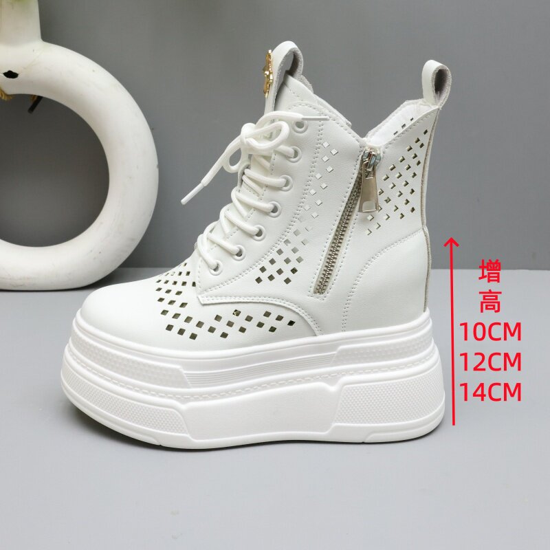 白色镂空透气马丁靴女厚底内增高10-12CM短靴百搭小个14cm帅气靴