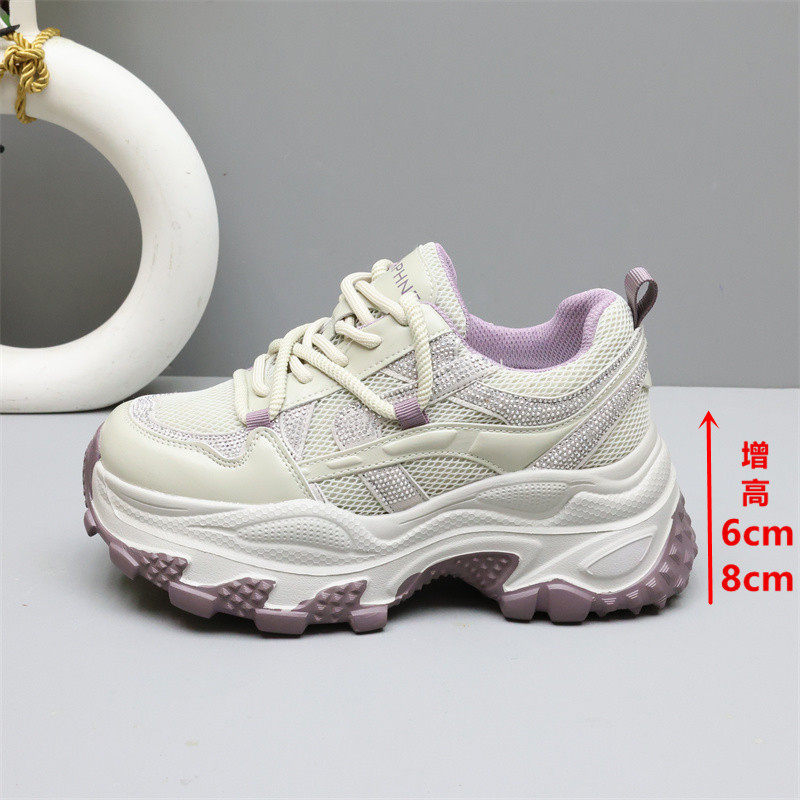 亮钻厚底老爹鞋女2026新款网面透气内增高6-8cm小个子休闲运动鞋