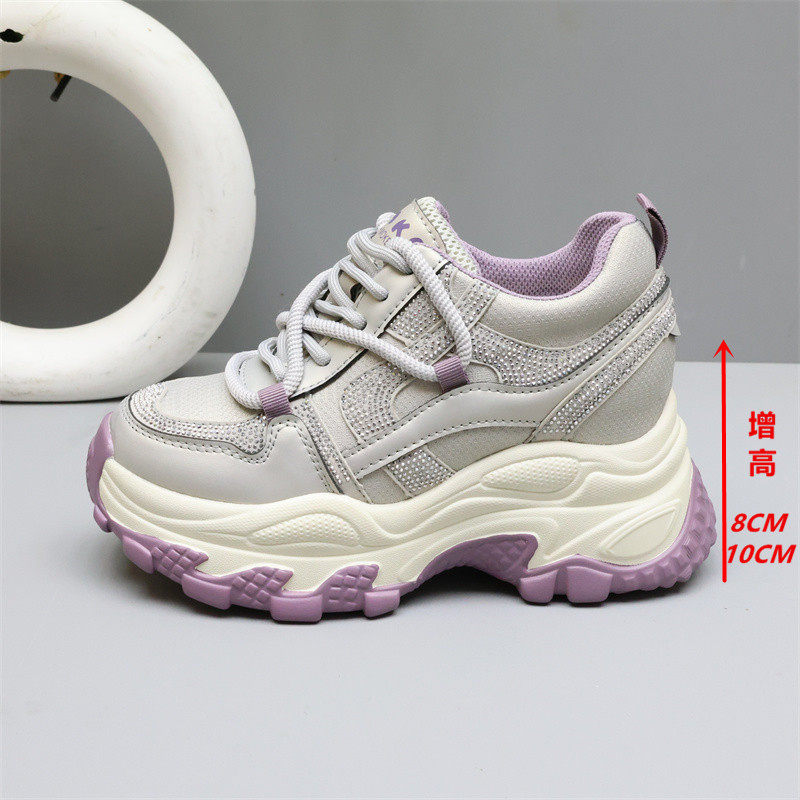 隐形内增高8-10CM厚底老爹鞋女春季透气百搭水钻小个子休闲运动鞋