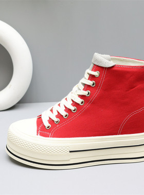 隐形内增高8cm帆布鞋女2025新款透气薄款小个子10cm厚底婚纱红色