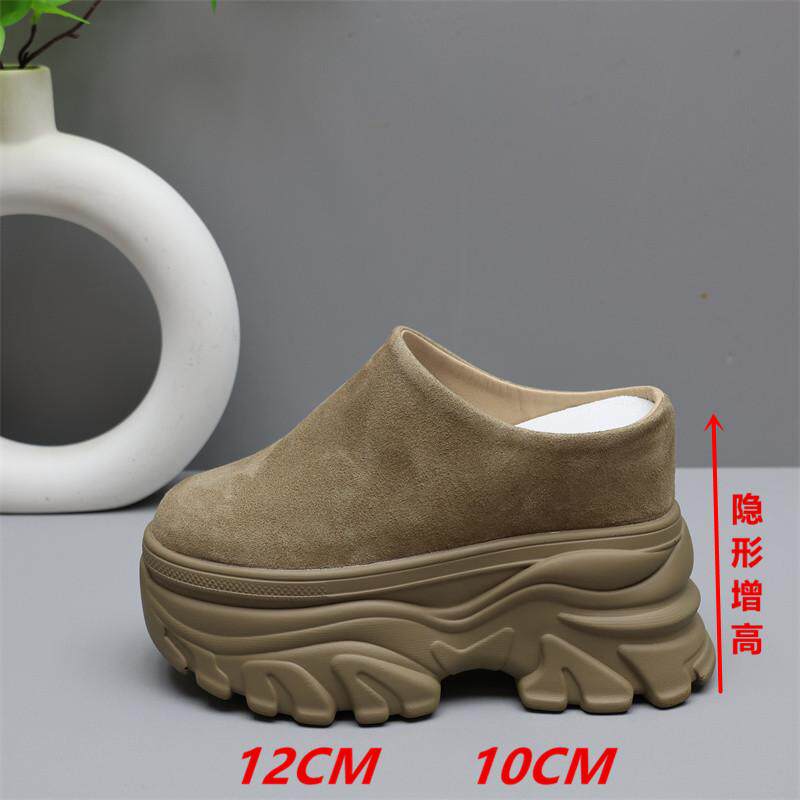 12CM加绒勃肯鞋女真皮小个子厚底增高10cm一脚蹬小个子包头半拖鞋