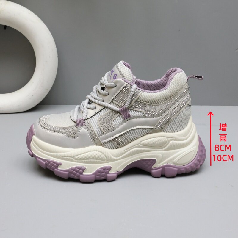 内增高8-10厘米女款水钻老爹鞋女百搭网面透气轻便软底休闲运动鞋