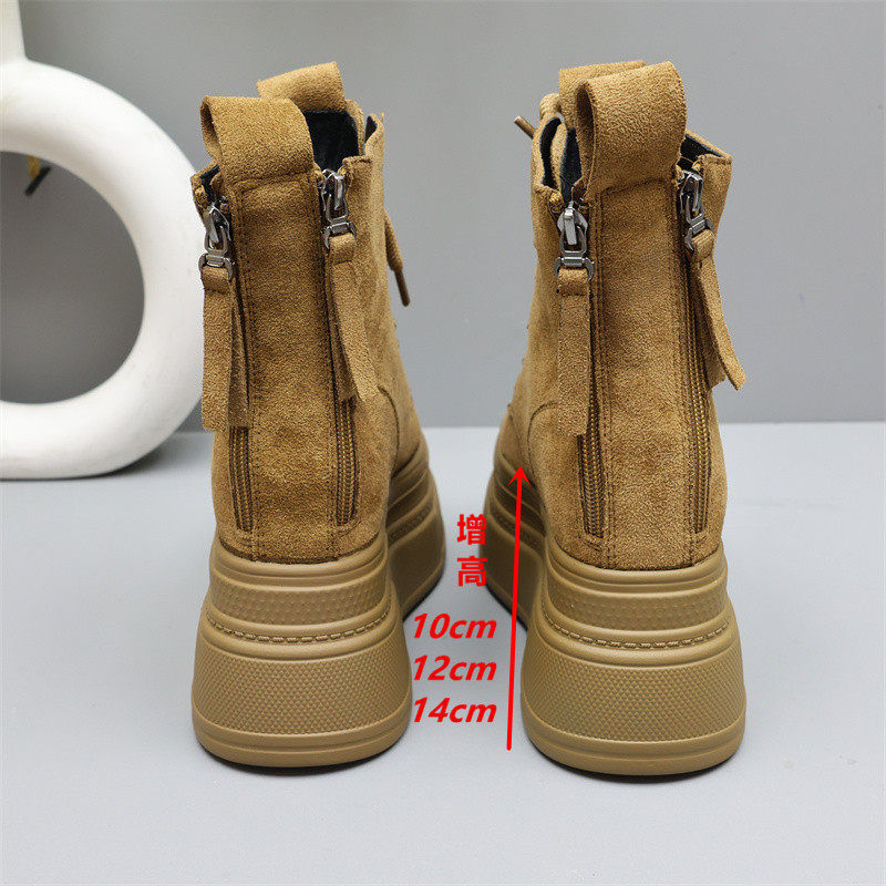真皮厚底马丁靴女内增高14cm双拉链英伦风短靴小个子12cm加绒棉鞋
