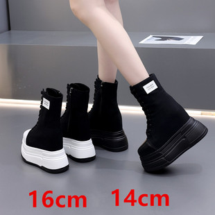 16cm隐形内增高帆布鞋女小个子女士高端鞋带鞋子原创定制黑白高帮