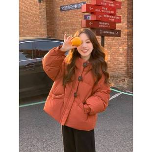 橘红色短款羽绒棉服女冬季2025新款韩系小个子连帽面包服外套加厚