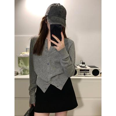 高级感韩系灰色针织开衫女春秋气质修身显瘦外搭羊绒毛衣外套上衣