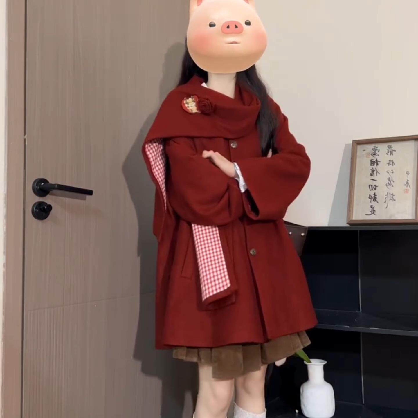 韩系气质甜美风毛呢斗篷外套女2025秋冬季新款小个子红色短款大衣