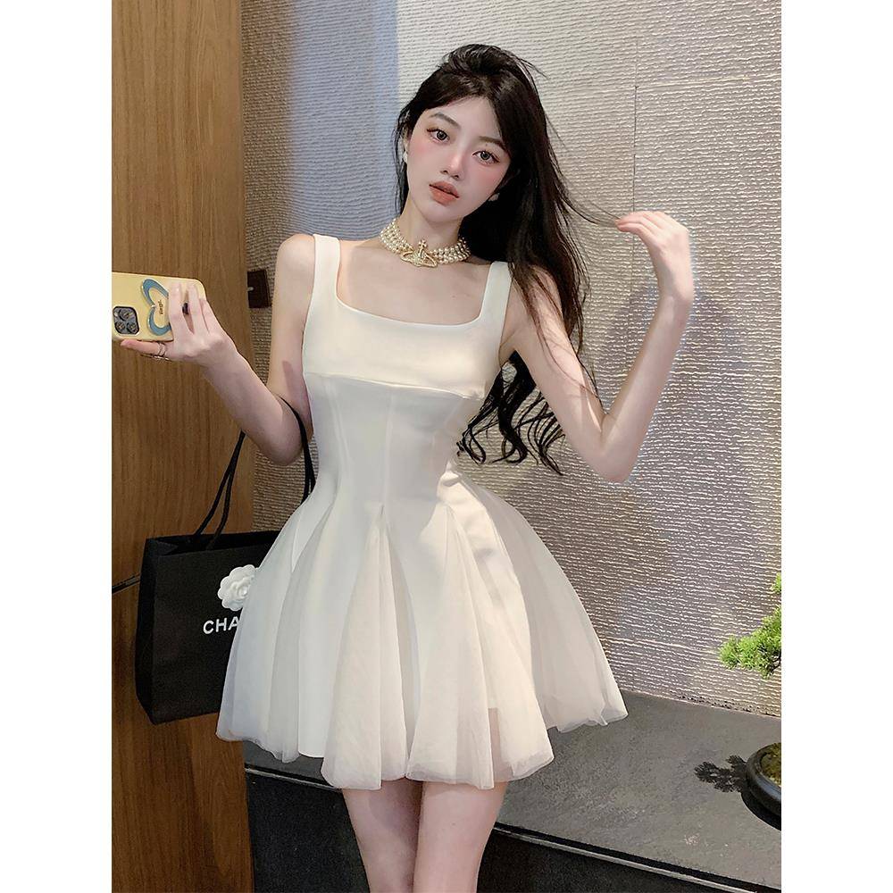 式纯PRW欲初恋白色网纱吊风带连衣裙女晚礼服级感收腰高蓬法蓬公