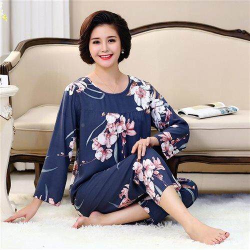 棉绸睡女夏长l袖。妈中老年妈K45125绵绸套装夏季人造衣棉老人家