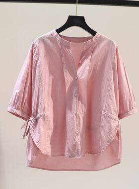 2023浅蓝色收腰薄款TUZ衬棉质后衣叉女侧开前短长五分袖衬衣显瘦