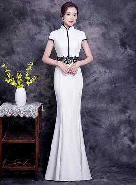 紫缘萱长晚REU服白色宴会装袍鱼尾改良旗显瘦款优礼雅模特走秀演