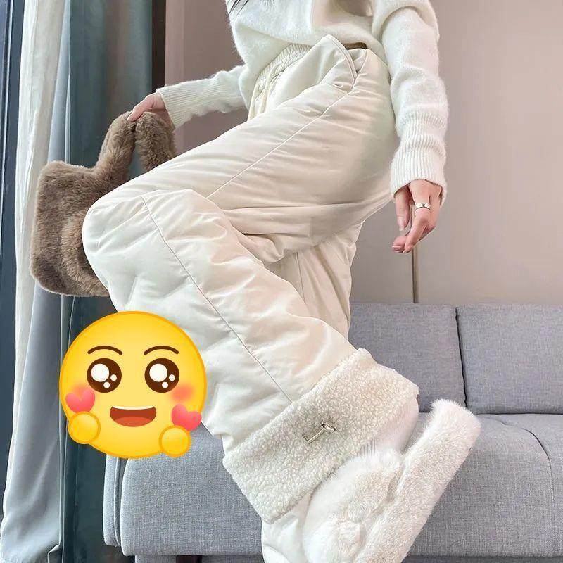 直筒羽绒棉裤女外穿冬季新款防寒风阔腿拼接羊羔绒东北棉裤女