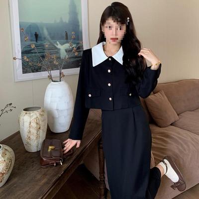 实拍法式赫本风女装秋冬新款小香风上衣外套配半身裙套