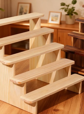 纯实木展示架收纳架桌面手办泡泡玛特盲盒玩偶阶梯架子免螺丝卡槽