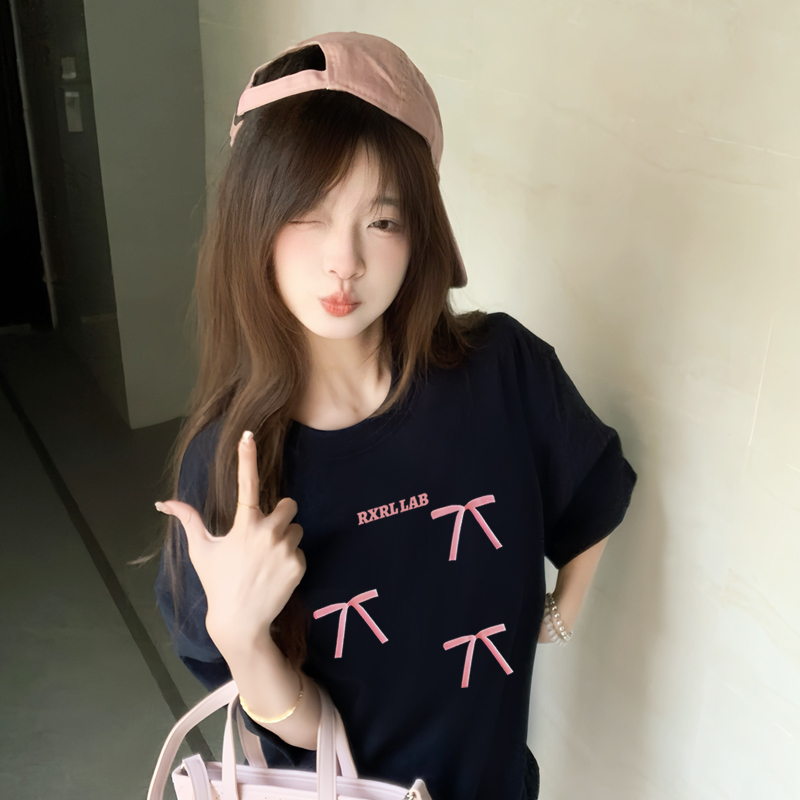 学院风宽松潮ins蝴蝶黑色t恤女夏
