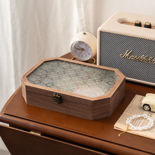 复古八边形海棠花玻璃收纳盒多功能木制桌面收纳翻盖首饰盒包装盒