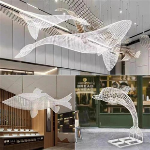 铁艺镂空鲸鱼雕塑不锈钢编织海豚海洋馆动物酒店展厅悬挂装 饰品