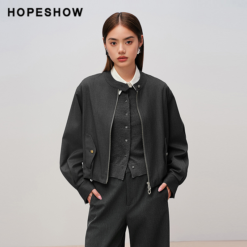 红袖商场同款HOPESHOW2025秋新款女装拼接拉链长袖圆领短款外套
