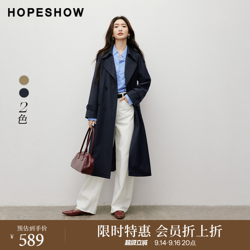 【会员专享】红袖2025秋新款女装英伦风系带双排扣插肩袖风衣外套图片