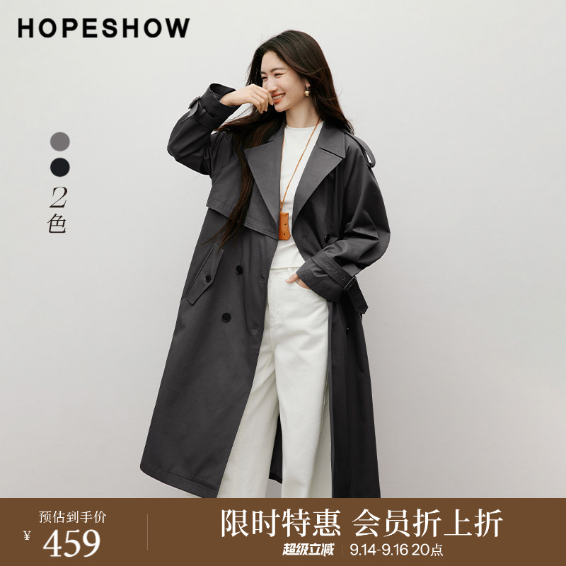 【会员专享】红袖2025秋新款女装系带双排扣插肩袖翻驳领风衣外套图片