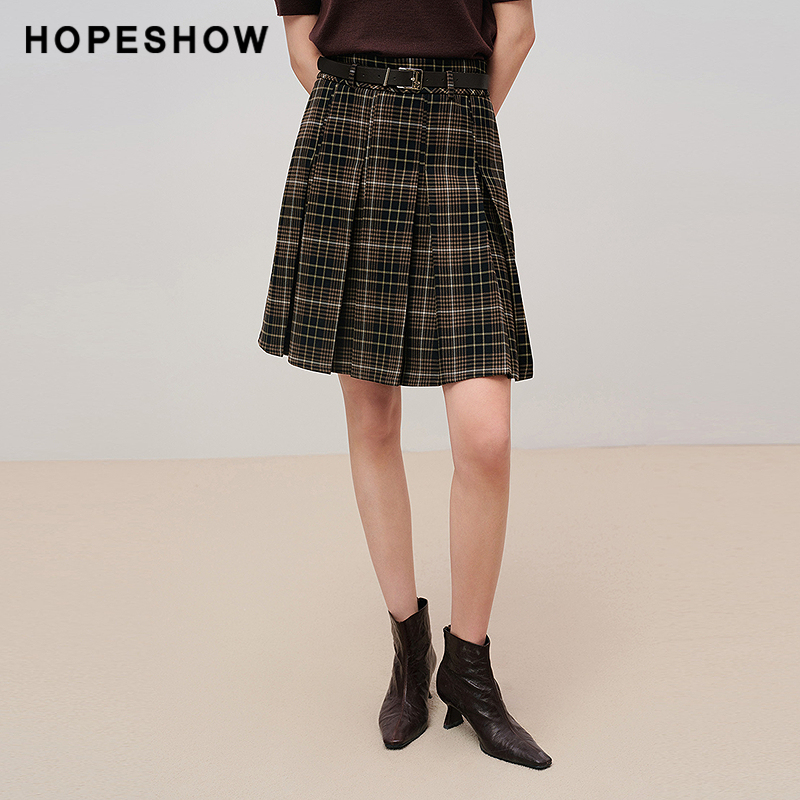 红袖商场同款HOPESHOW2025秋新款女装复古咖格压褶侧拉链A字短裙