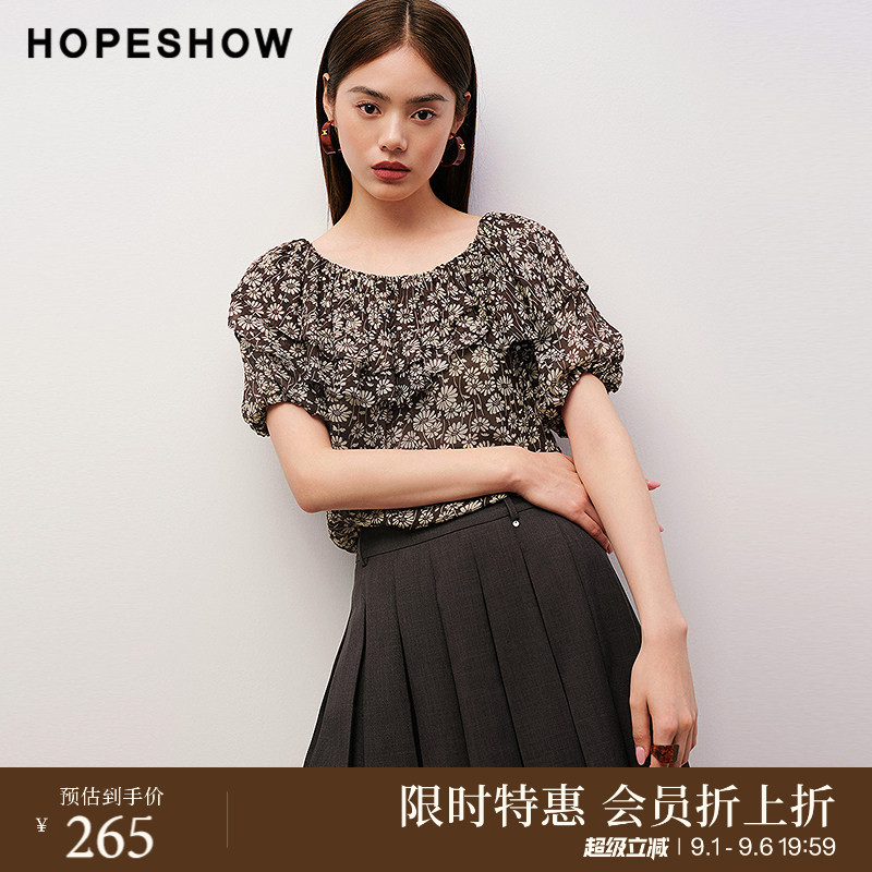 红袖商场同款HOPESHOW2025秋新款女装印花荷叶边拼接短袖套头上衣图片