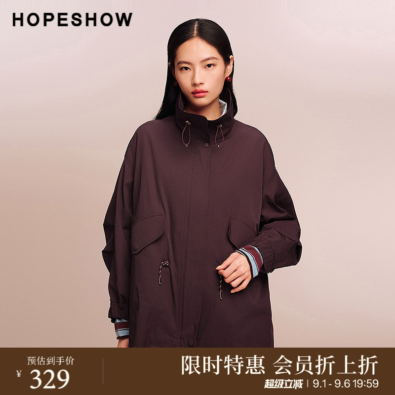 红袖商场同款HOPESHOW2025秋新款女装工装风抽绳落肩长袖立领外套图片