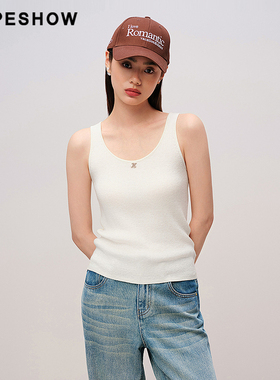 红袖商场同款HOPESHOW2025秋新款女装竖坑条无袖U领套头针织背心