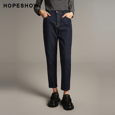 红袖商场同款HOPESHOW2025冬新款女装复古水洗拼接九分烟管牛仔裤