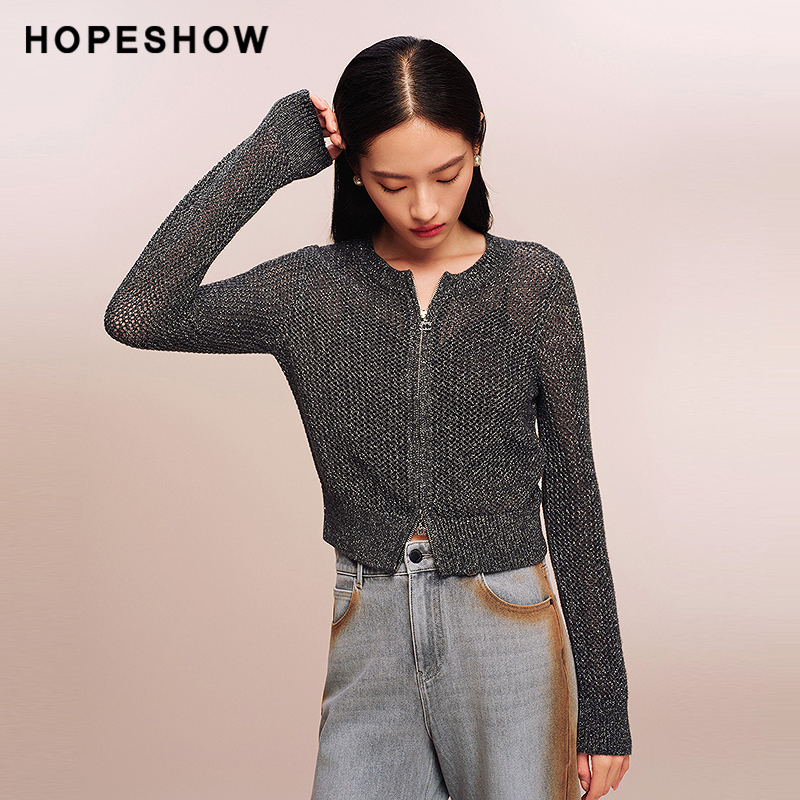 红袖商场同款HOPESHOW2025秋新款女装细闪亮丝正肩圆领针织开衫