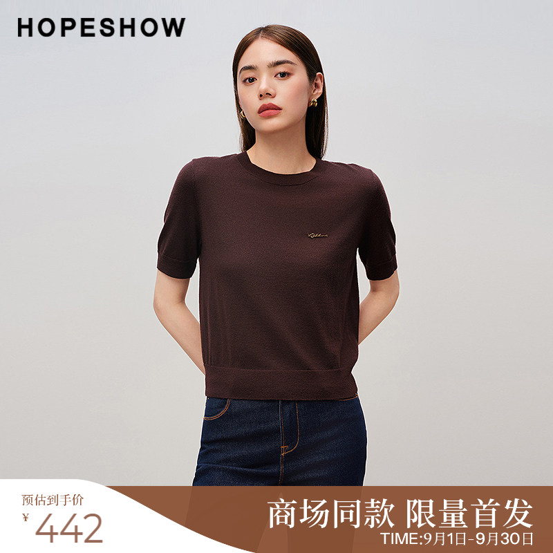红袖商场同款HOPESHOW2025秋新款女装老钱风正肩短袖套头针织衫图片