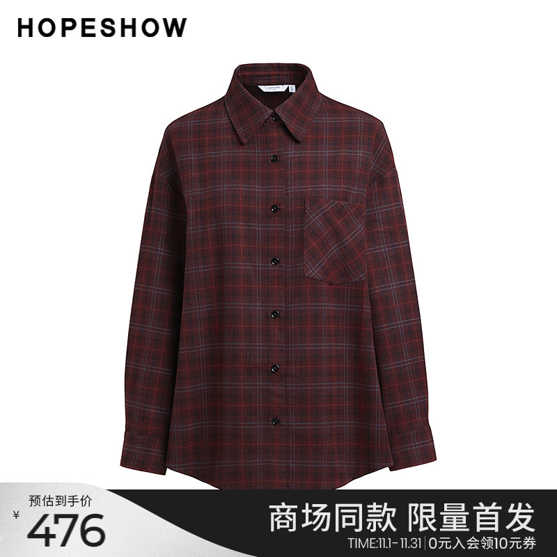 红袖商场同款HOPESHOW冬季2024新款女装复古格纹落肩单排扣衬衫