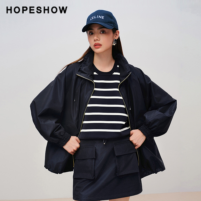 红袖商场同款HOPESHOW2025秋新款女装撞色抽绳立领插肩长袖外套