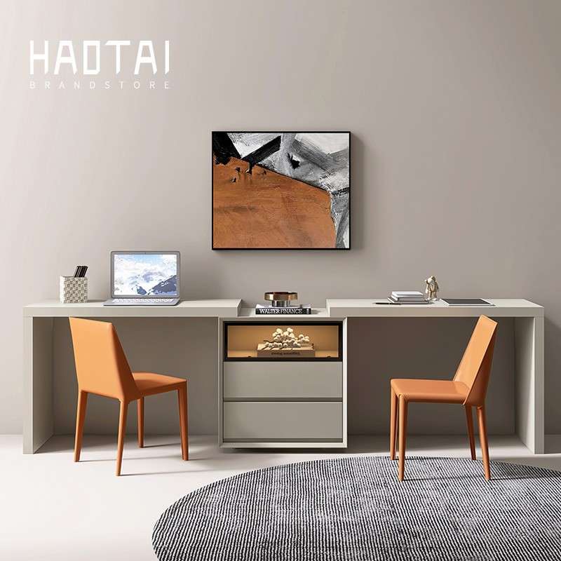 意式极简书桌家用学生写字台简约卧室伸缩双人电脑工作一体办公桌