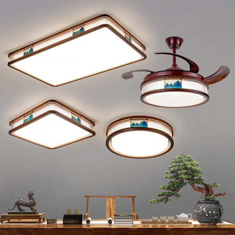 新中式客厅吸顶灯卧室书房仿古轻奢灯具中国风家用餐厅圆形实木灯