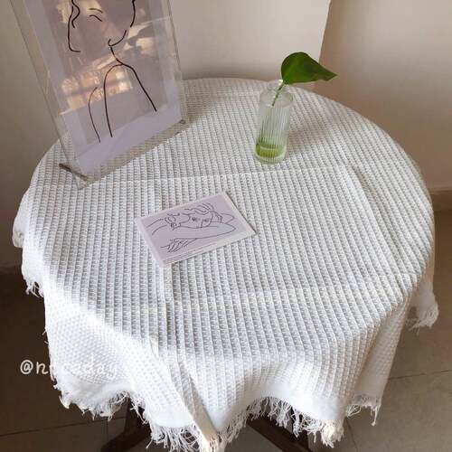 白色华夫格桌布茶几盖布玄关沙发盖毯法式蕾丝流苏桌布网格台布