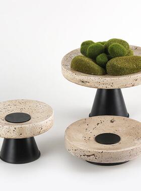 轻奢高脚圆形水果盘烛台组合摆件酒店民宿设计师仿黄洞石搭配饰品