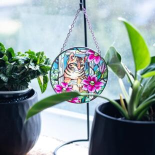跨境新款彩绘玻璃吊饰太阳捕手挂件小猫家居装饰工艺春季饰品