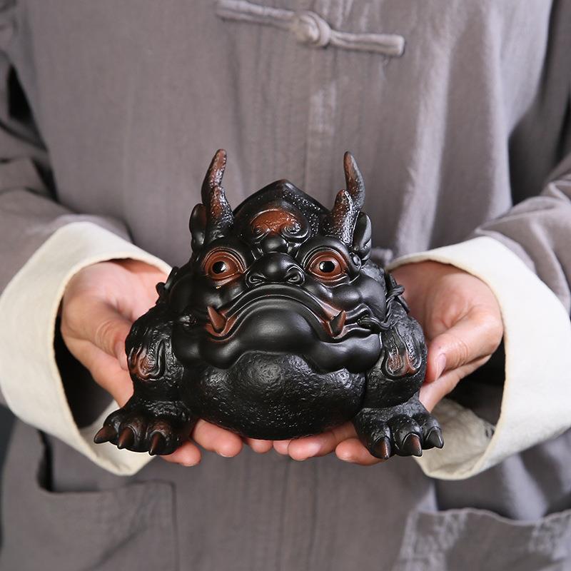 高档大号紫陶龙龟茶宠招财精品可养手工三足龙蟾茶台神兽金蟾摆件
