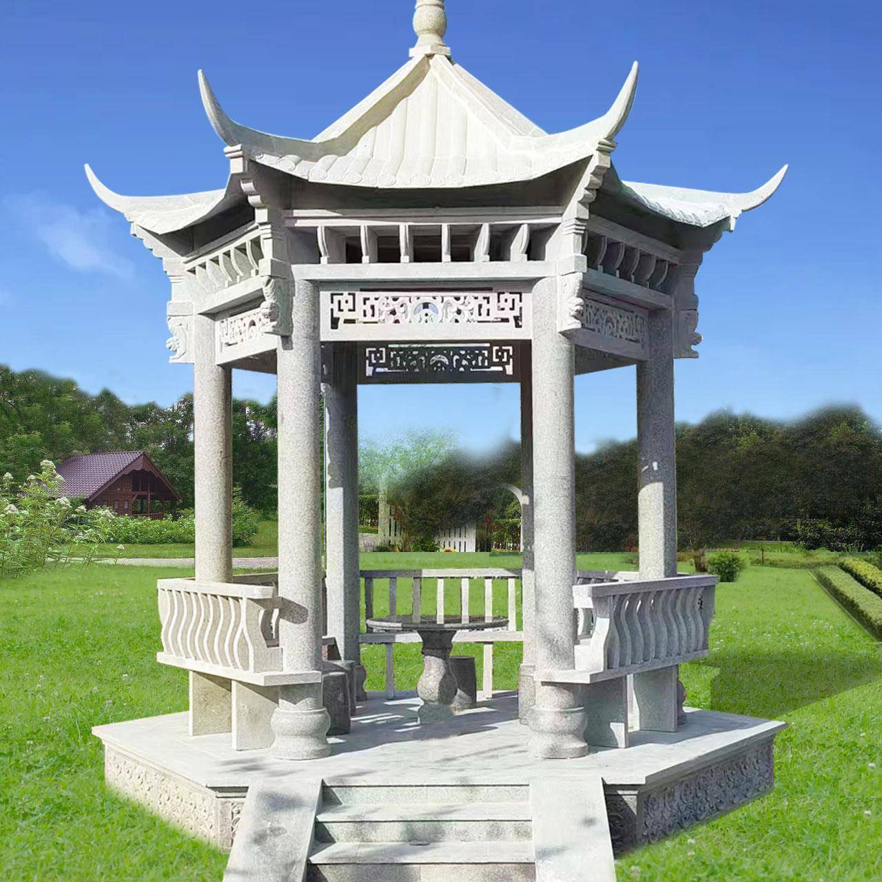石雕凉亭户外花岗岩六角大理石四角亭公园林摆件欧式铁艺亭子长廊