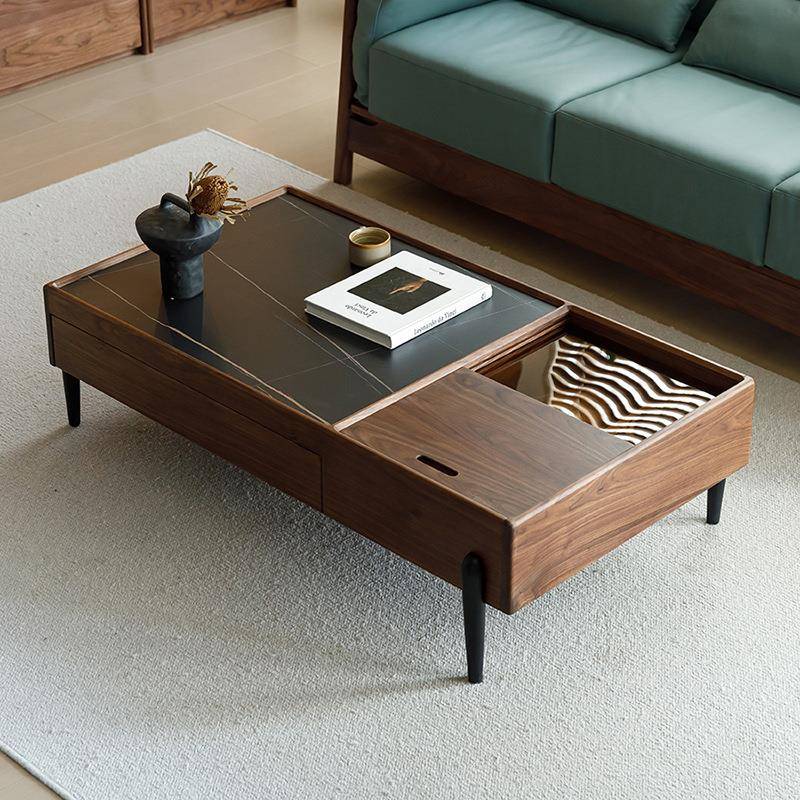 北美黑胡桃木茶几电视柜组合北欧现代简约客厅小方桌原木岩板边几