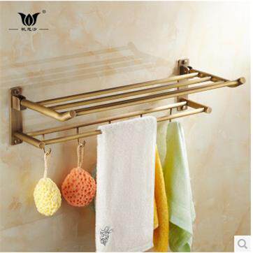 促销价全铜欧式奢华光亮仿古双层毛巾架折叠浴巾架毛巾挂浴室挂件