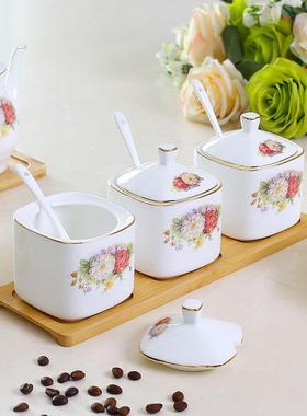 欧式骨瓷调味罐套装盐糖调料盒酱油壶醋瓶厨房家用陶瓷辣椒油罐子