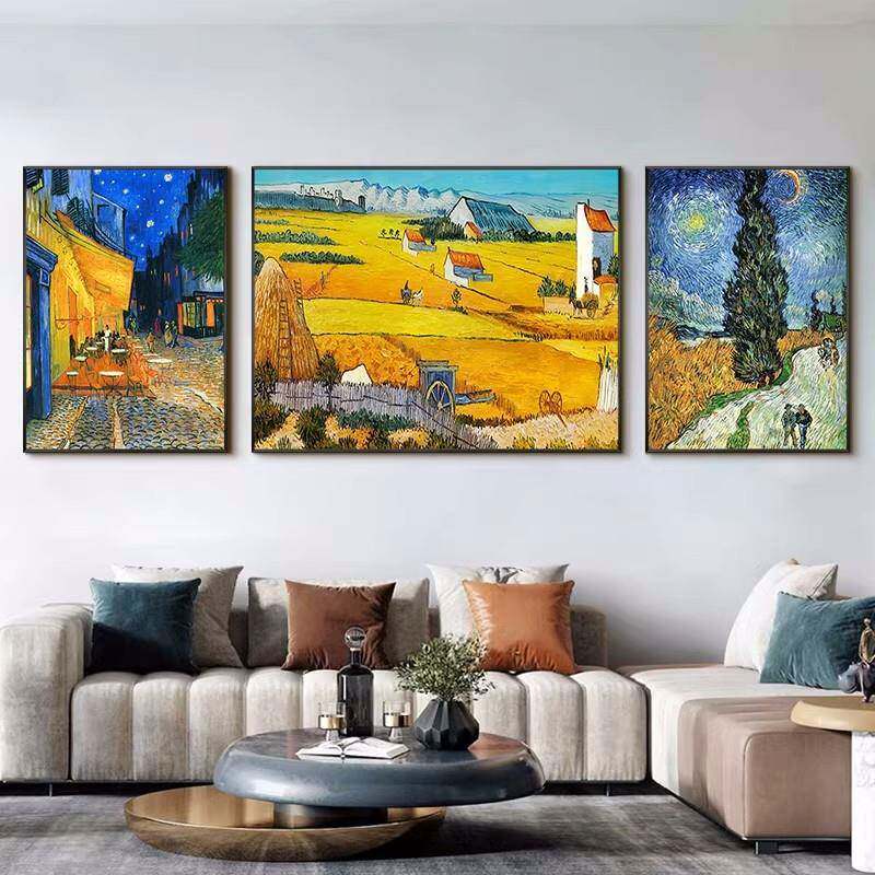 客厅沙发背景装饰画三联画抽象名画梵高手绘油画现代轻奢美式挂画